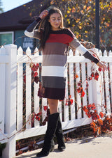 [Color: Heather Burgundy] A sophisticated mini sweater dress in a block stripe. Super soft with the right amount of stretch, this classic style features a wide crew neckline.