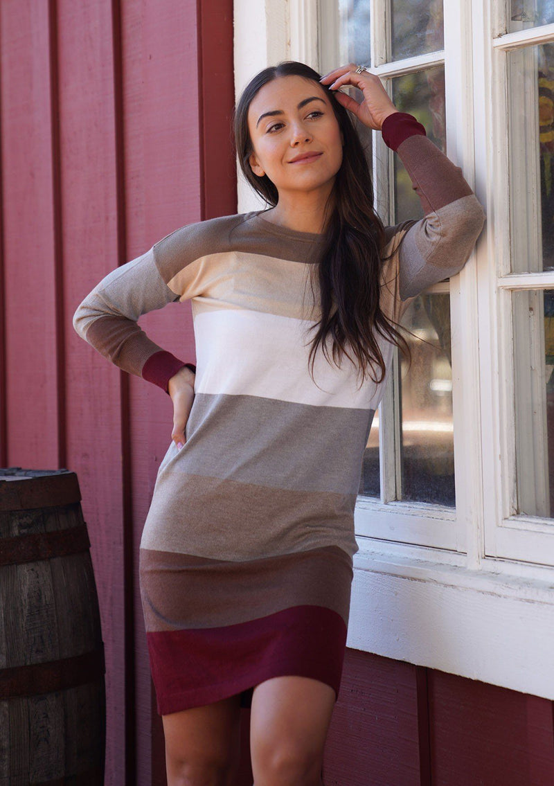 [Color: Wine/Heather Taupe] A sophisticated mini sweater dress in a block stripe. Super soft with the right amount of stretch, this classic style features a wide crew neckline.