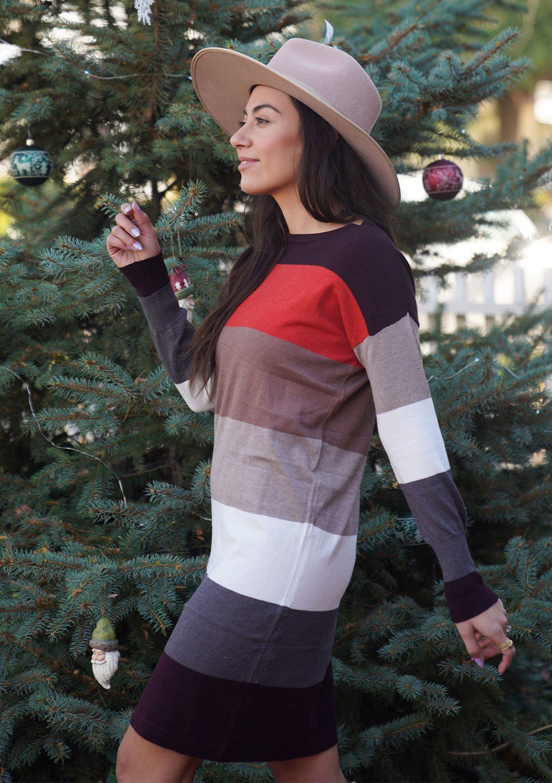 [Color: Heather Burgundy] A sophisticated mini sweater dress in a block stripe. Super soft with the right amount of stretch, this classic style features a wide crew neckline.