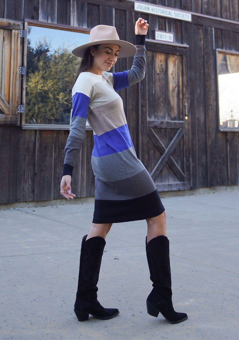[Color: Black/Heather Pewter] A sophisticated mini sweater dress in a block stripe. Super soft with the right amount of stretch, this classic style features a wide crew neckline.