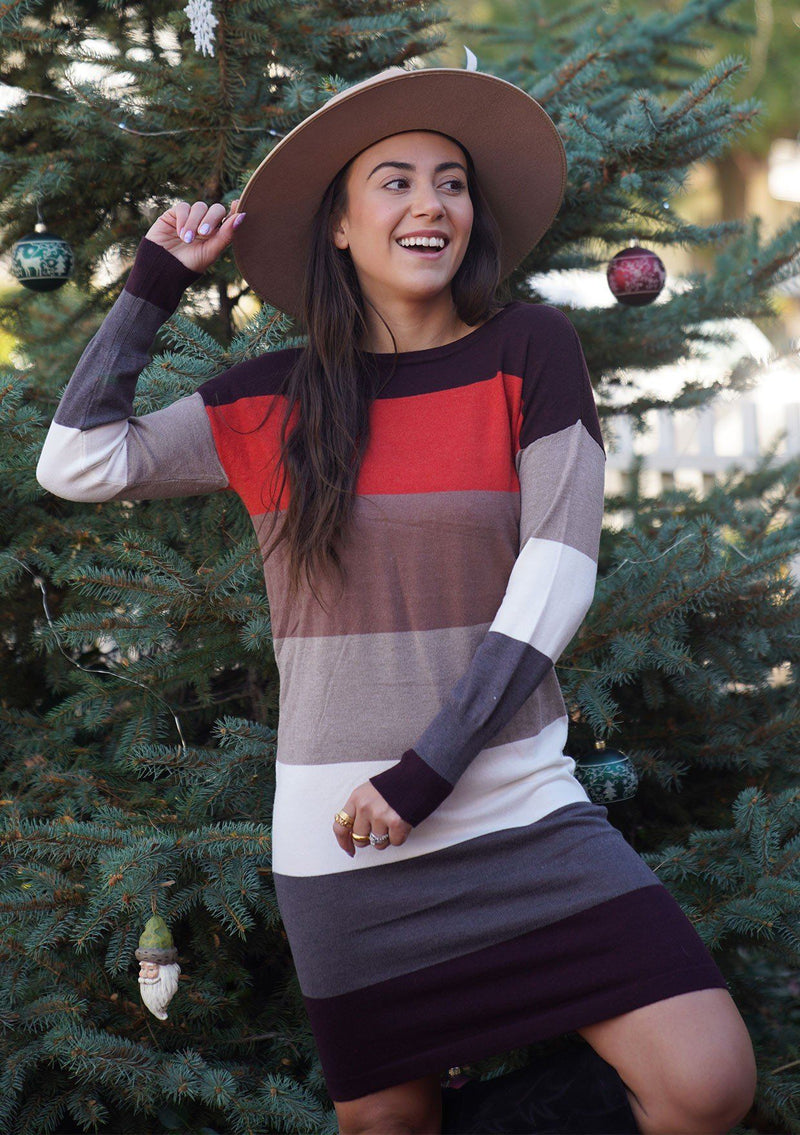 [Color: Heather Burgundy] A sophisticated mini sweater dress in a block stripe. Super soft with the right amount of stretch, this classic style features a wide crew neckline.