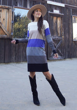[Color: Black/Heather Pewter] A sophisticated mini sweater dress in a block stripe. Super soft with the right amount of stretch, this classic style features a wide crew neckline.