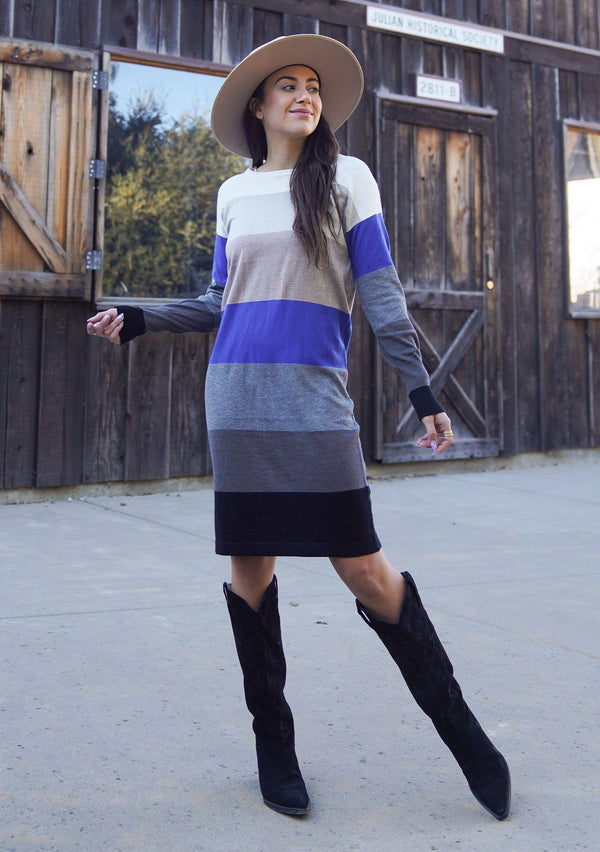 [Color: Black/Heather Pewter] A sophisticated mini sweater dress in a block stripe. Super soft with the right amount of stretch, this classic style features a wide crew neckline.