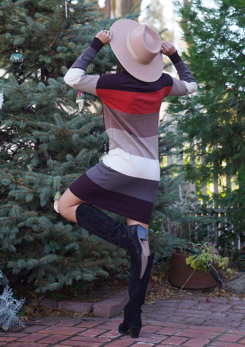 [Color: Heather Burgundy] A sophisticated mini sweater dress in a block stripe. Super soft with the right amount of stretch, this classic style features a wide crew neckline.