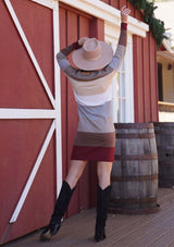 [Color: Wine/Heather Taupe] A sophisticated mini sweater dress in a block stripe. Super soft with the right amount of stretch, this classic style features a wide crew neckline.