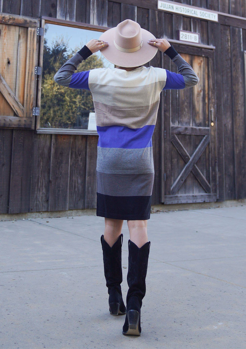 [Color: Black/Heather Pewter] A sophisticated mini sweater dress in a block stripe. Super soft with the right amount of stretch, this classic style features a wide crew neckline.