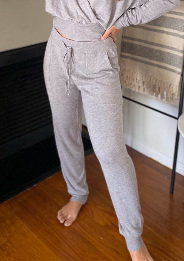 [Color: Heather Grey] Girl wearing cozy grey lounge bottoms.