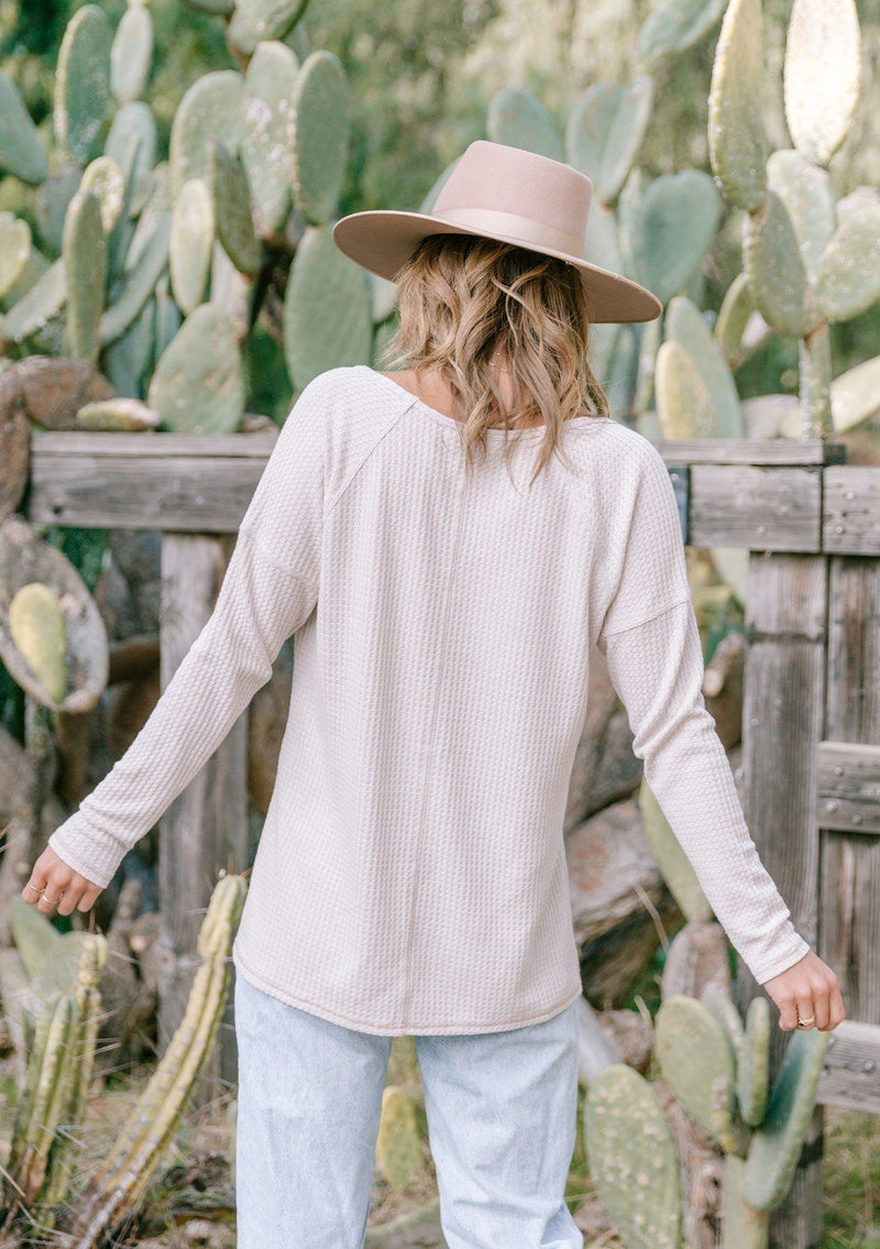 [Color: Mushroom] Grey waffle knit cozy long sleeve pullover top.