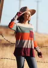 [Color: Port Raspberry] A bold color block striped knit sweater, featuring a contrast front pocket, a wide crew neckline, and an easy, relaxed fit. Perfectly soft and cozy, this lightweight pullover looks great styled with denim.