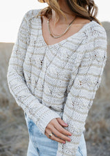 [Color: Stone/Gold] White and gold vintage cable knit pullover sweater with ribbed hemline and sleeves.