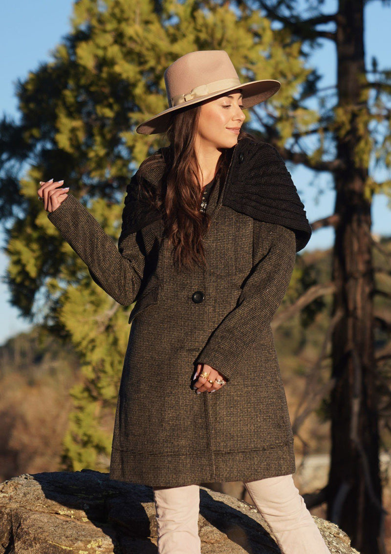[Color: Black/Brown] Shop this unique, vintage mid length wool blend coat.
