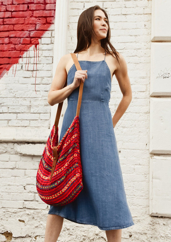 [Color: Red Multi] Lovestitch roomy and slouchy tote bag with cotton strap