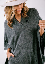 [Color: Heather Charcoal] Super soft knit sweater poncho. Featuring a shawl collar neckline with functional shank buttons, a front kangaroo pocket, and contrast ribbed trim. 