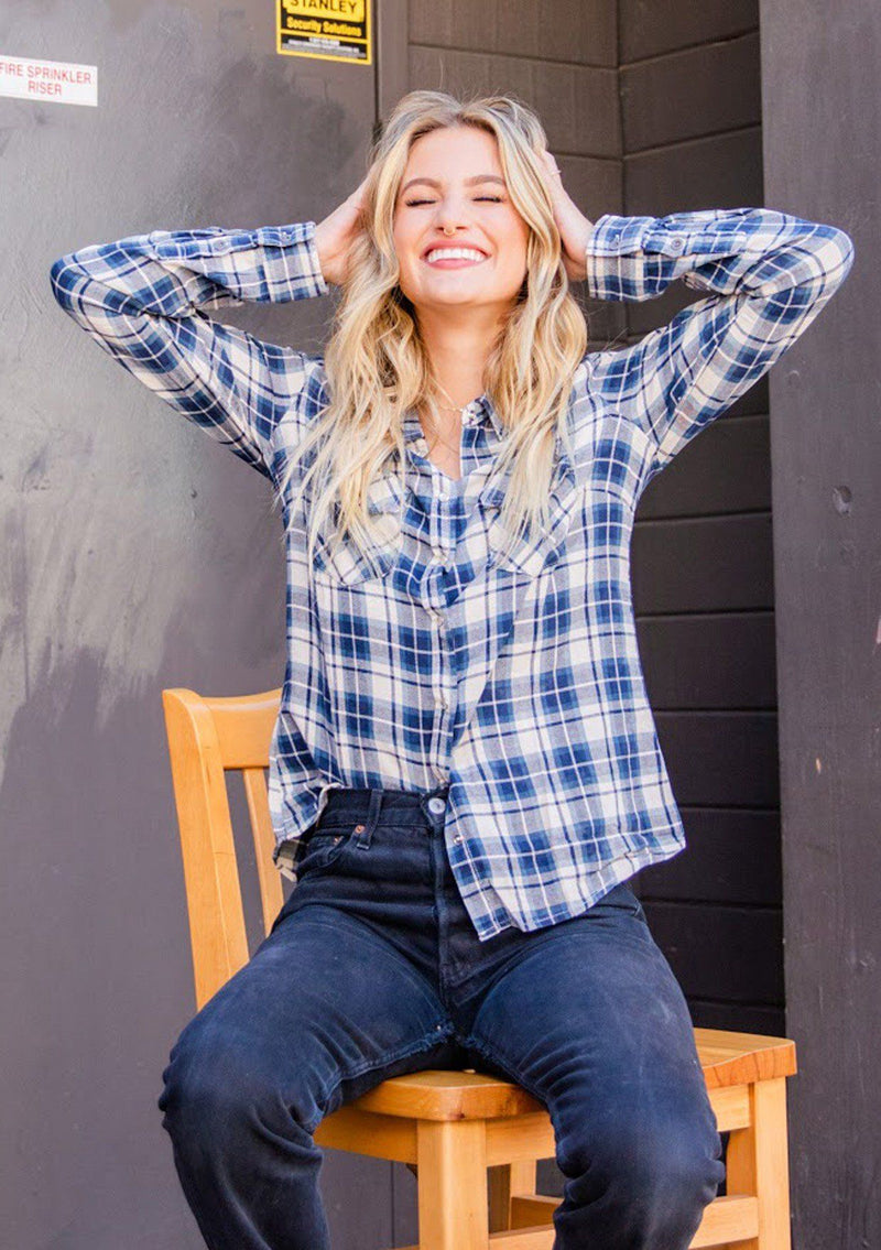 Women's Classic Blue Plaid Button Up Shirt LOVESTITCH