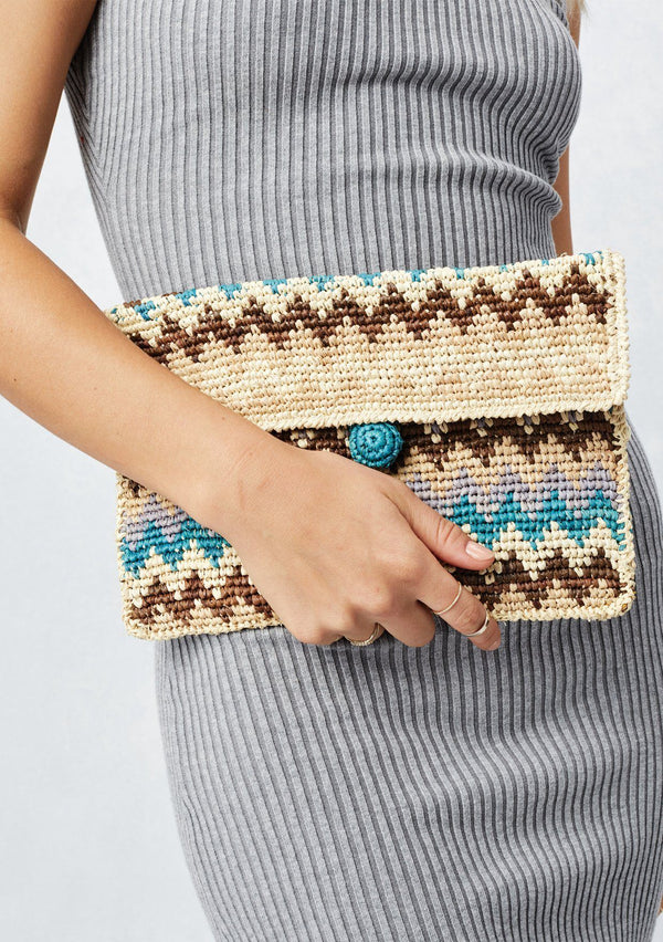 [Color: Natural/Blue] Lovestitch natural & blue, lightweight, zig-zag patterned raffia clutch with single button closure. 