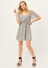 [Color: Bone/Charcoal] The work from home mini dress is professional on the top, and playful on the bottom. Cute button front top mini dress with slimming sheer kimono sleeves and waist defining spaghetti belt.