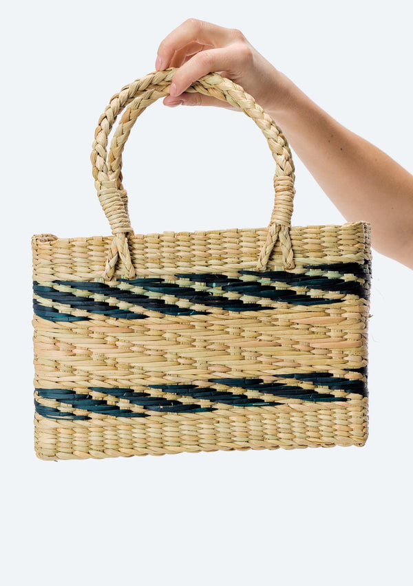 [Color: Natural/Teal] Lovestitch hand woven, striped straw tote with pom-pom tassel detail.