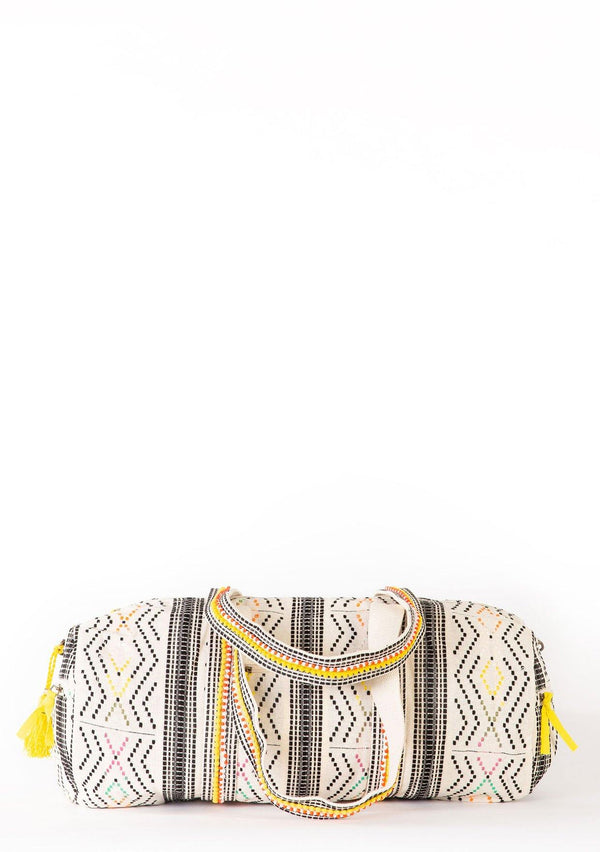 [Color: Natural/Multi] A bohemian chic duffel bag with long detachable strap, two handles, and a zippered closure.