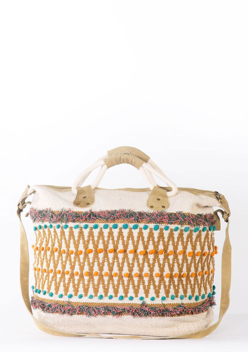 [Color: Citron/Multi] A multi colored weekender bag with embroidered diamond detail and fringe trim. Featuring a zippered closure and suede handles.