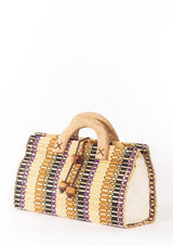 [Color: Black/Natural] A hand loomed bamboo wooden bag. With a wooden handle and a rope closure.
