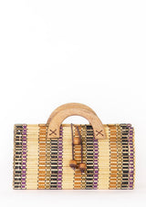 [Color: Black/Natural] A hand loomed bamboo wooden bag. With a wooden handle and a rope closure.