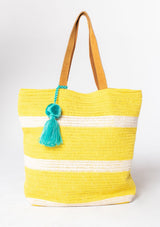 [Color: Yellow/Natural] Bohemian yellow stripe beach tote bag in cotton crochet knit, with suede leather handles and an oversize tassel accent. 