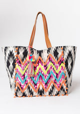 [Color: Black/White/Coral] Bohemian black and white jacquard tote bag with multi color beaded chevron design, suede leather handles, and mirrored embellishments. 