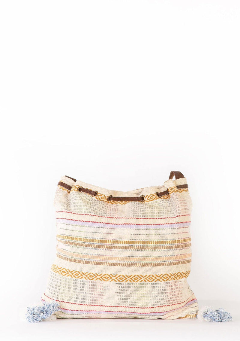 [Color: Natural Multi] An ultra bohemian drawstring tote bag in a striped canvas. Featuring a drawstring top, snap closure, and long leather strap.