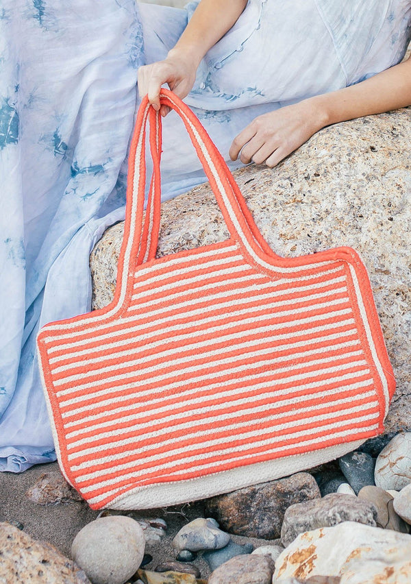 [Color: Pink/Natural] A handwoven striped cotton tote bag. With double strap handles and a wide carry all size. 