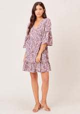 [Color: Charcoal/Peach] Lovestitch charcoal/peach Floral printed, elbow bell sleeve wrap dress with ruffled detail.