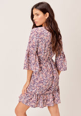 [Color: Charcoal/Peach] Lovestitch charcoal/peach Floral printed, elbow bell sleeve wrap dress with ruffled detail.