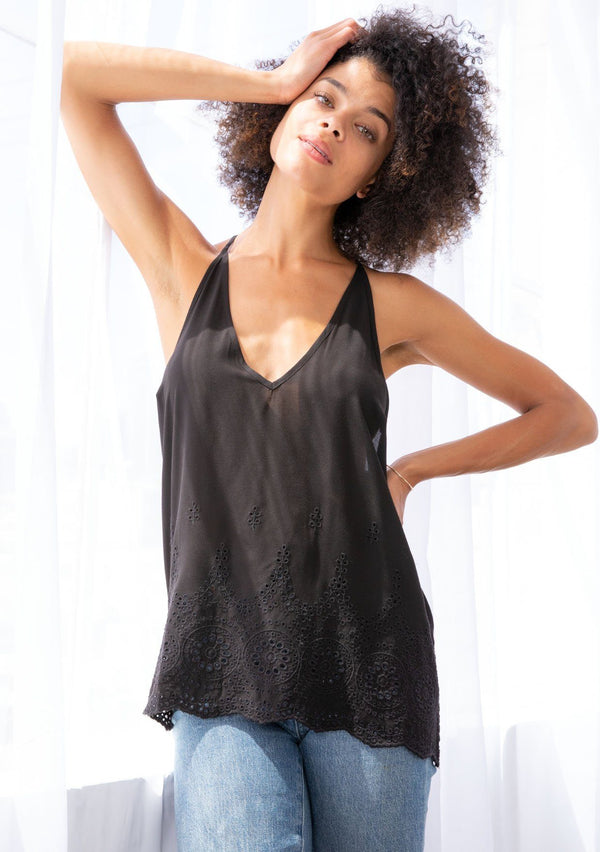 [Color: Black] A model wearing a lightweight tank top with embroidered eyelet detail. With a scalloped hemline, a racer back, and a v neckline.