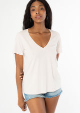 [Color: Faded Rose] Super soft white tee shirt with short sleeves and a plunging V neckline