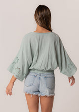 [Color: Seafoam] A back facing image of a brunette model wearing a bohemian seafoam green embroidered eyelet top with billowy half length sleeves, a button front, and a v neckline.