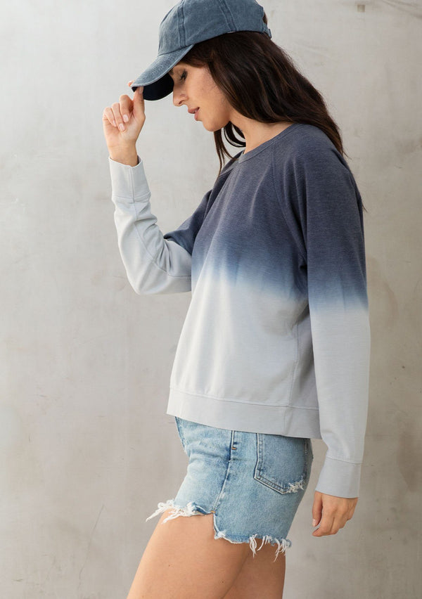 [Color: Charcoal/Grey] Girl wearing an ombre dyed casual pullover sweatshirt.