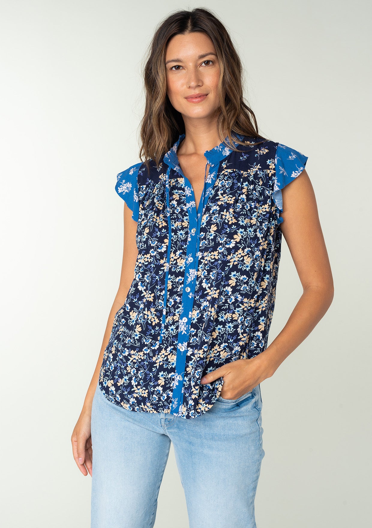 Women's Blue Mixed Floral Flutter Sleeve Top | LOVESTITCH