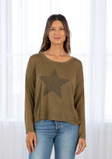[Color: Olive] Lovestitch vintage wash, olive green, long sleeve top with big star detail.