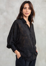 [Color: Black] Lovestitch burgundy dolman sleeve, jacquard chiffon button down blouse.