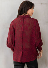[Color: Burgundy] Lovestitch burgundy dolman sleeve, jacquard chiffon button down blouse.