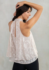 [Color: Champagne] Lovestitch champagne floral jacquard chiffon, sleeveless swing top with neck tie.