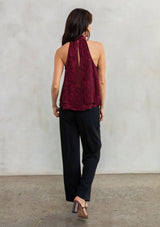 [Color: Burgundy] Lovestitch burgundy floral jacquard chiffon, sleeveless swing top with neck tie.