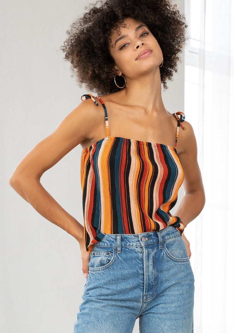[Color: Black/Spice/Teal] A striped tie up tank top. The tie shoulder spaghetti straps and multicolor stripes add a retro feel to this cool and effortless top.