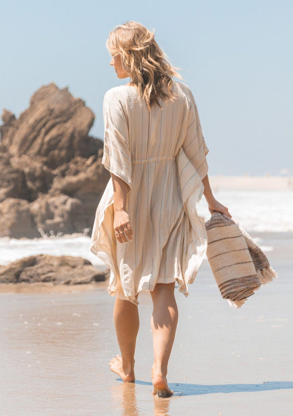 [Color: OffWhite/Silver] Lovestitch beautiful bohemian beach caftan dress that doubles as a swimsuit cover up. Flattering kimono sleeves, slimming tassel tie cinched waist, lightweight fabric. The perfect bohemian mermaid beach dress!