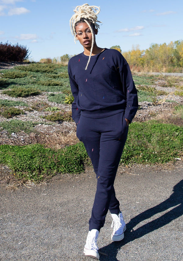 [Color: Navy Multi] Cute and comfortable pullover lounge sweatshirt with subtle lightning embroidery