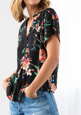 [Color: Black/Coral] Cute black button front top with pretty coral floral print and oversized cuffed sleeves.