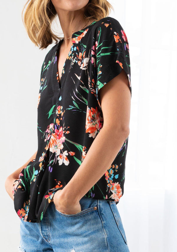 [Color: Black/Coral] Cute black button front top with pretty coral floral print and oversized cuffed sleeves.