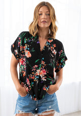[Color: Black/Coral] Cute black button front top with pretty coral floral print and oversized cuffed sleeves.