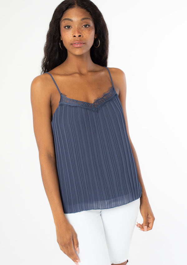 [Color: Steel Blue] A slinky camisole in a variegated pleated chiffon. Featuring a delicate eyelash lace trim v-neckline, a sexy scoop back, and elegant pleating throughout.