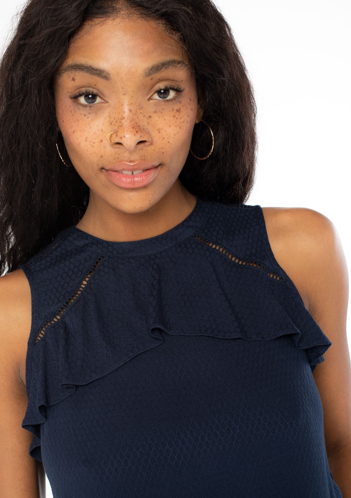 Navy Ruffle Tie Back Sleeveless Top | LOVESTITCH