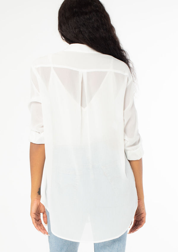 [Color: Ivory] Chic and casual sheer button front top with classic collar and roll tab sleeves